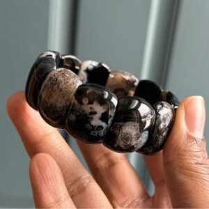 Jumbo Black Flower Agate Stretch Bangle Crystal Bracelet 25mm